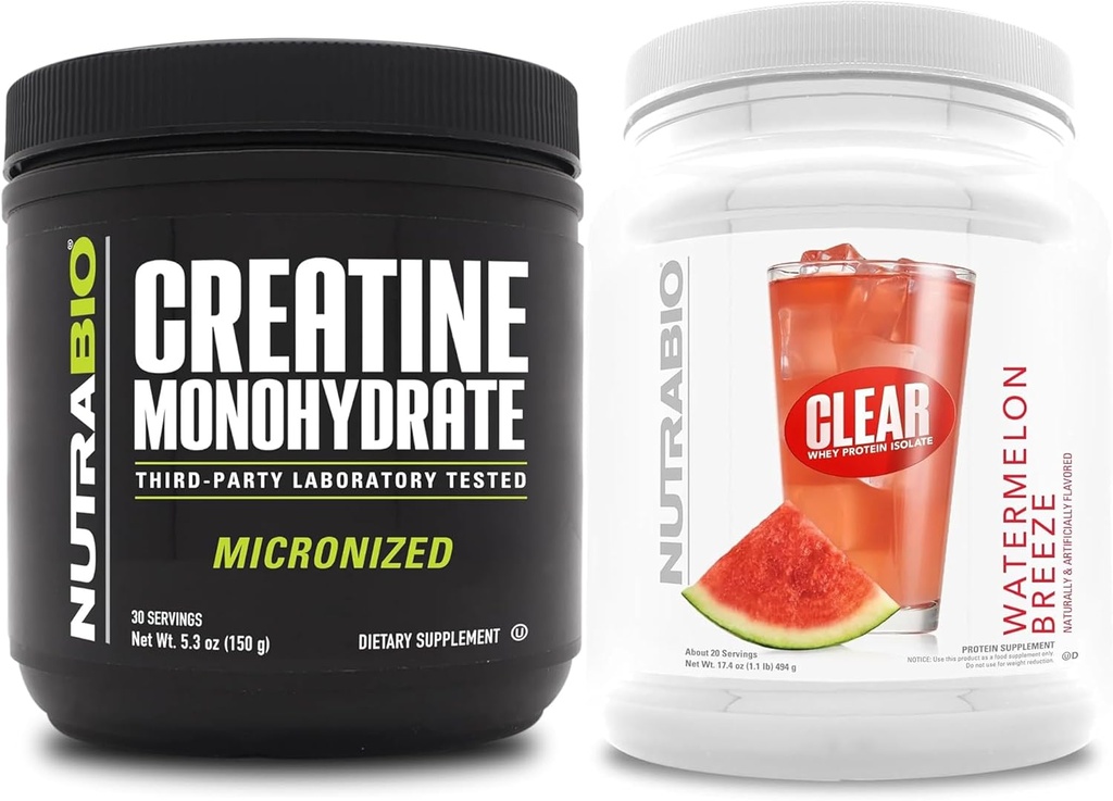 NutraBio Creatine Monohydrate, Unflavored, (150 g) och Clear Whey Protein Isolate (Watermelon Breeze) Supplement Bundle - Muscle Energy, Maximal tillväxt, återhämtning och styrka