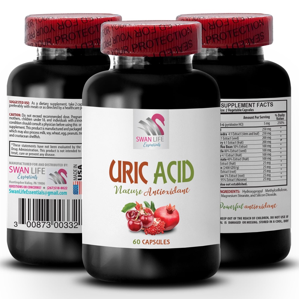 Naturliga sätt att sänka urinsyra - URIC-syra - Kosttillskott för urinsyra, kosttillskott till lägre urinsyra, Tart Cherry Extract Capsules, Tart Cherry Pills, Green Coffee Bean Extract 1Bot 60Caps