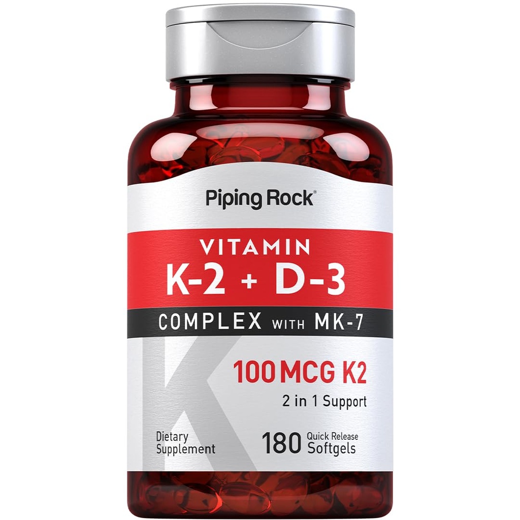 Piping Rock Vitamin K2 D3 Supplement | 100 mcg | 180 Softgels | Komplex med MK7 | Non-GMO, Gluten Free