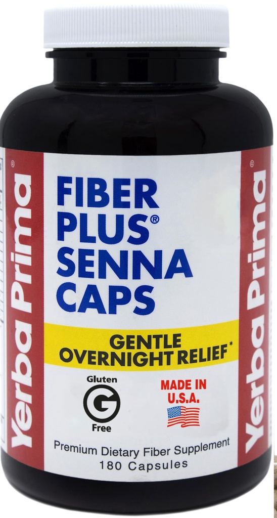 Yerba Prima Fiber Plus Senna Capsules, 180 Count - Gentle Overnight Relief, USA Made, Non-GMO, Gluten-Free