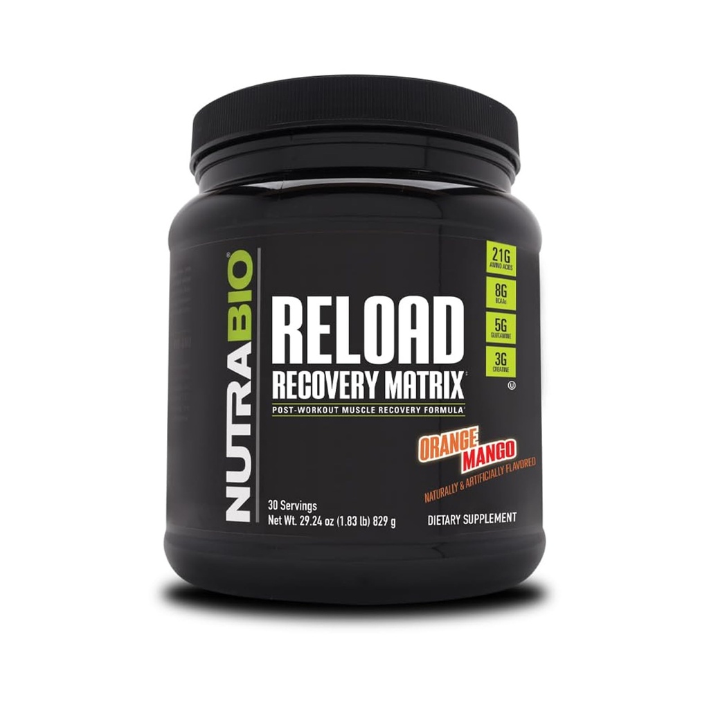 NutraBio Reload - Kraftfull Muscular Recovery Formel - Post-Workout Supplement - 3G Kreatin - 8G BCAA - 5G Glutamin - 30 portioner, Orange Mango