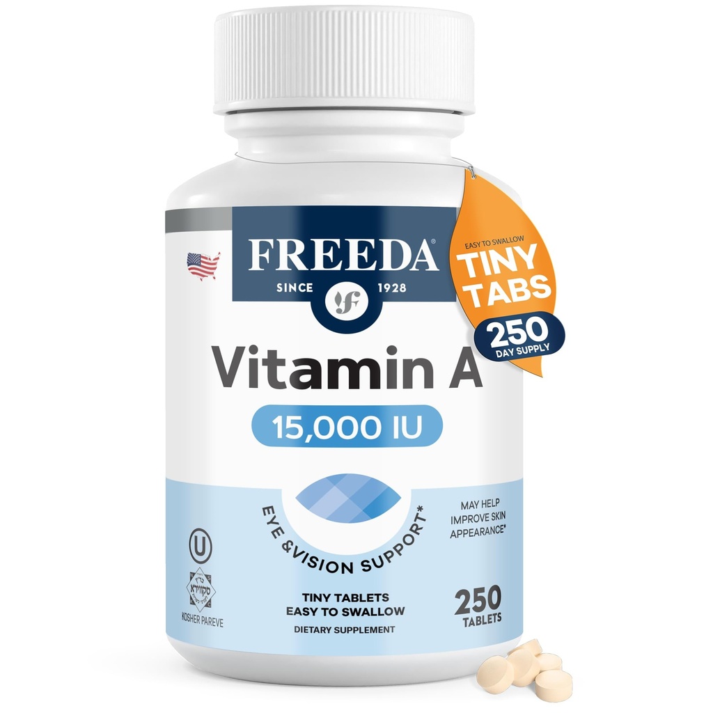 Freeda Vitamin A 15 000 IE – Retinyl Palmitate – Vegan, Kosher, No Fish – Eye, Vision, Immune & Skin Support – Tiny Easy-to-Swallow Tablets – VIT A Vitamina A Supplement – 250 tabletter