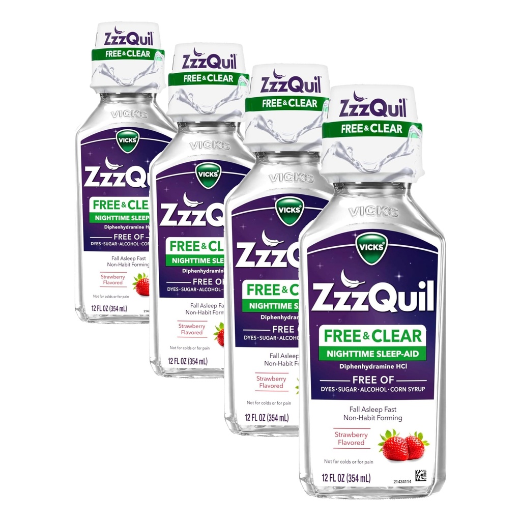 ZzzQuil, Nighttime Sleep Aid Liquid, GRATIS av alkohol och artificiella dyes, 50 mg Diphenhydramin HCl, No1 Sleep Aid Brand, Fall Asleep Fast, Non-Habit Forming, Soothing Berry Flavor, 12 FL OZ (Pack av 4)