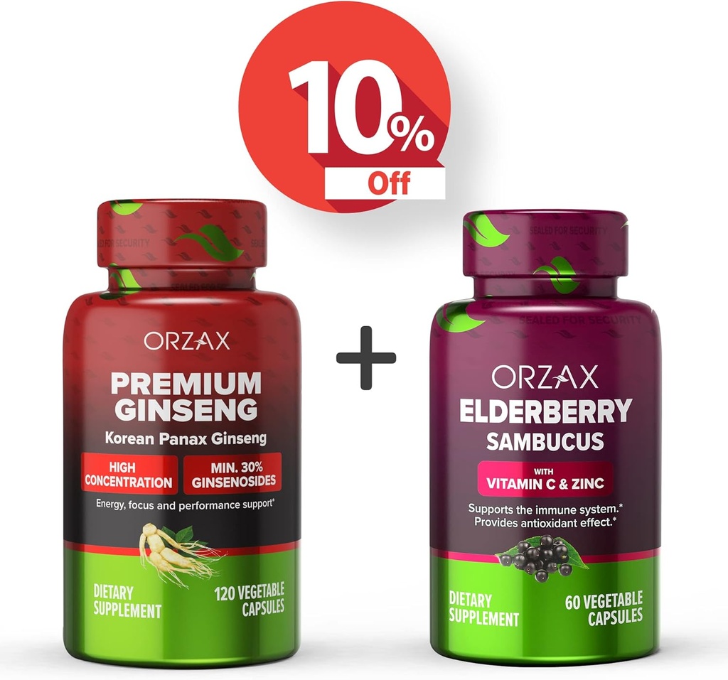 ORZAX Ginseng, 30% Ginsenosides, Premium 120 Vegetable Capsules och Elderberry Capsules, 2000mg 60 Vegetabiliska kapslar, Bundle