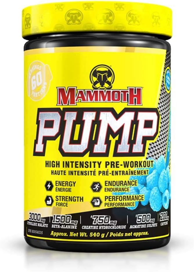 MAMMOTH PUMP - Pre Workout Powder, Superior Muscle Pumps, Öka styrka och uthållighet, Explosiv kraft och energiförsörjning, ökad fokus, snabb återhämtning, minskad ömhet (60 servar, blå