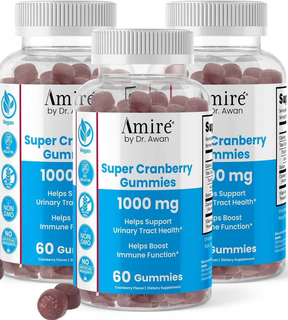 Amire av Dr. Awan Super Cranberry Gummies, hjälper till att stödja urinvägshälsa, hjälper till att öka immunfunktionen, Gelatin-Free Cranberry Chews för män och kvinnor, 180ct, 90-dagars leverans