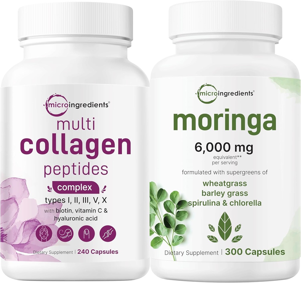 Micro Ingredients Multi Collagen Complex 240 Capsules & Moringa Oleifera 6.000mg Equivalent 300 kapslar Bundle 2 Pack | Hydrolyserad protein Peptides | Antioxidant Supplement