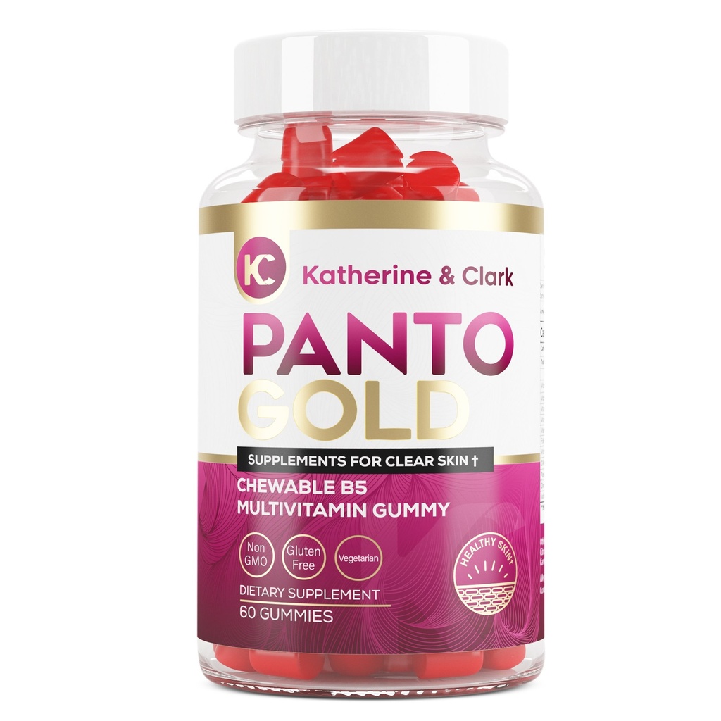 Katherine & Clark Panto Gold Vitamin B5 Pantothenic Acid Gummies för Acne - Hair Skin och Nails Gummies - Biotin, Zink, Folic Acid Chewable Non-GMO Gluten-Free för Body - Oily Skin Gummies - 60 Count