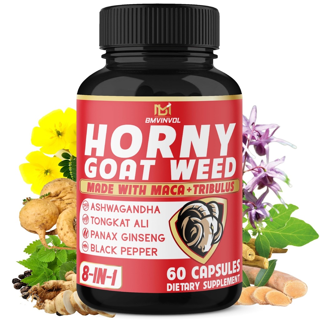 BMVINVOL Horny Goat Weed Capsules med Tribulus, Ginseng, Ashwagandha, Maca, Tongkat Ali, Nettle, Black Pepper - 60 Count