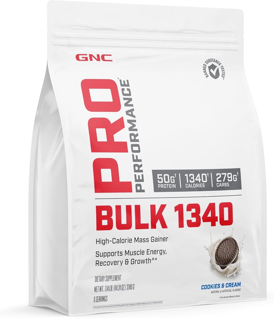 GNC Pro Performance Bulk 1340 Mass Gainer Protein Powder, 50g, Gluten Free, Whey, Creatine, BCAA, 3rd Party Tested, Muscle Recovery & Growth, Micronutrients, Cookies och Cream, 9 Servings