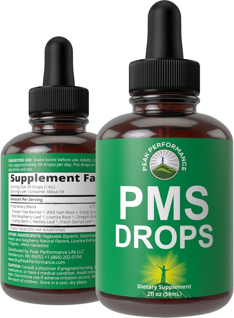 PMS Relief 9-i-1 Liquid Drops Supplement. 9 växtbaserade ingredienser för att stödja period kramper smärta för kvinnor. Vegan, Zero Sugar Vitamins med Organic Chaste Tree Berries, Cramp Bark, Yam Root, Nettle Leaf