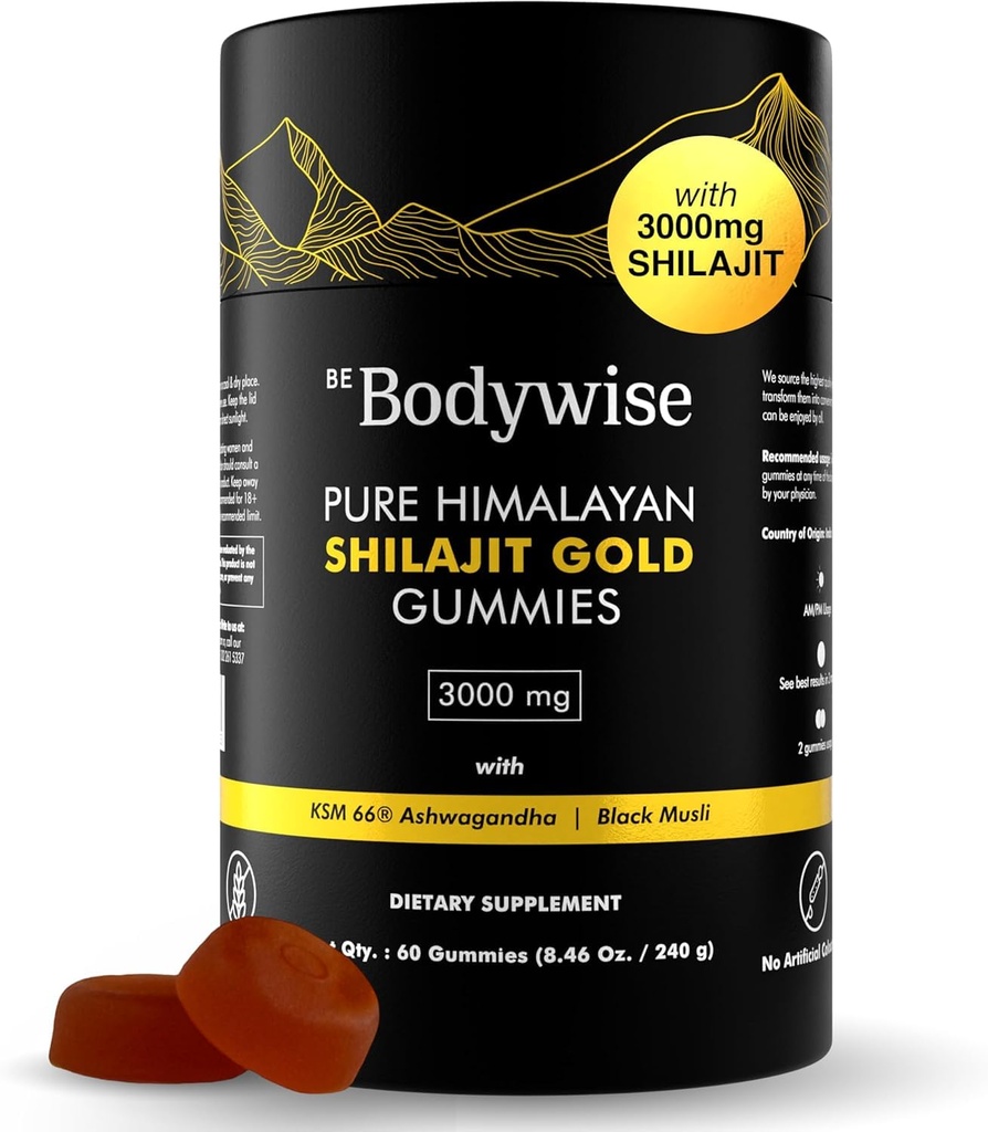 Bodywise Pure Himalayan Shilajit Gummies Gold I Lab Tested I No Added Sugar I Ashwagandha, Gokshura| Fulvic Acid & 85+ Trace Minerals I för Män, Kvinnor I Icke-GMO Jag 100% Naturlig & Organisk I 60 Gummy