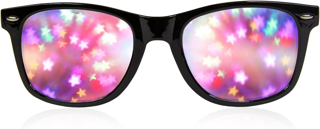 GloFX Black Frame Star Diffraction Glasses - Laser Etched för fantastiska Starburst Light Effects, flexibel och hållbar, perfekt för Raves & Festivals