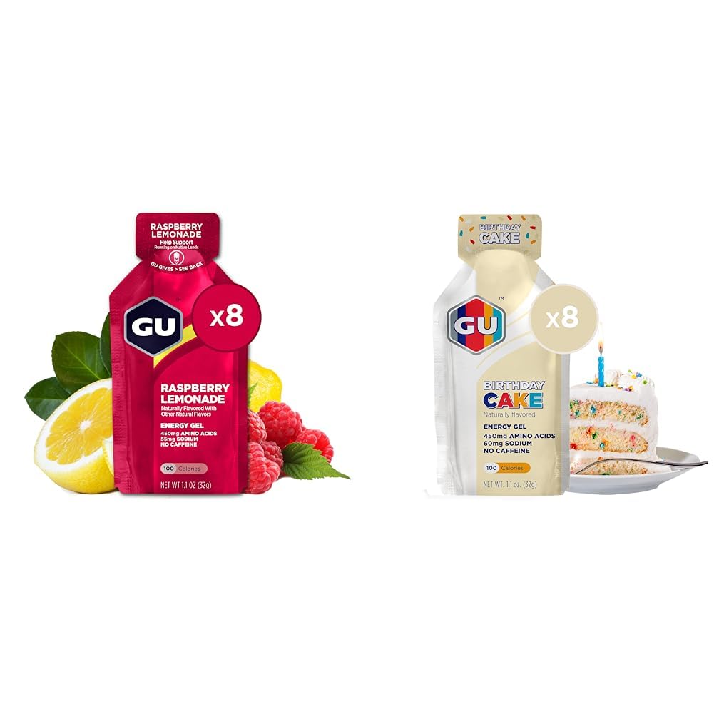 GU Energy Gel 8-Count Raspberry Lemonade och födelsedag Cake Sports Nutrition Energy Gel Bundle