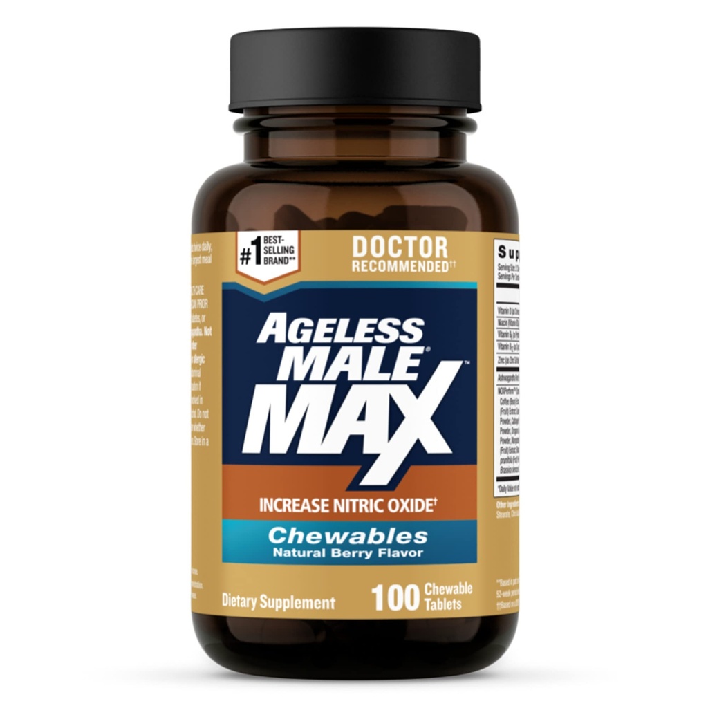 Ageless Male Max Chewable Nitric Oxide Booster Supplement för män - High Potency Ashwagandha Extract för att öka träning, muskel och prestanda, minska stress, stödja sömn - 100 Count