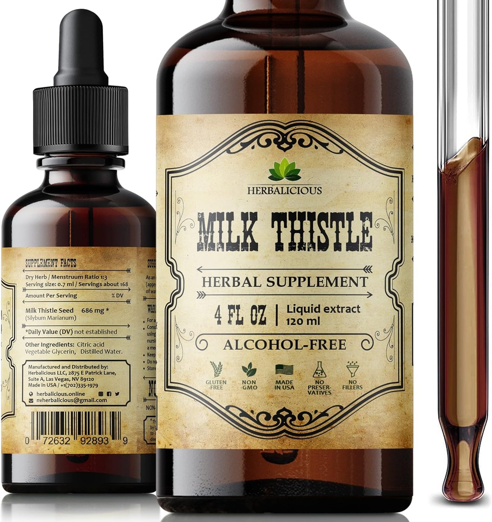 Milk Thistle Liver Detox - All-Natural Silymarin Extract för Liver Cleanse, Immune Support & Skin Health - Herbal Milk Thistle Supplement - 4 fl oz