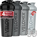 VELOMIX -4 Pack-28 oz Protein Shaker Bottles för proteinblandningar - 4x Wire Whisk | Läcka Proof Shaker Cups för Protein Shakes | Protein Shaker Bottle Pack (Silver Mix)