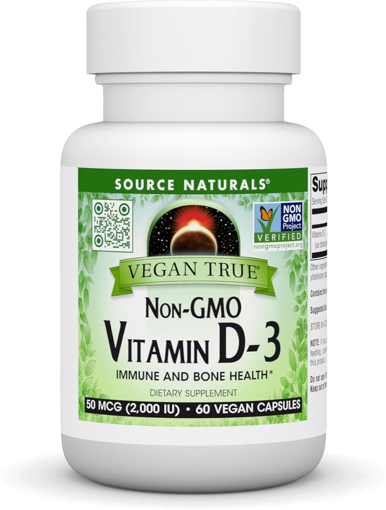 Källa Naturals Vegan True, Non-GMO Vitamin D-3, Kosttillskott för immun och benhälsa *, 2000 IE - 60 kapslar
