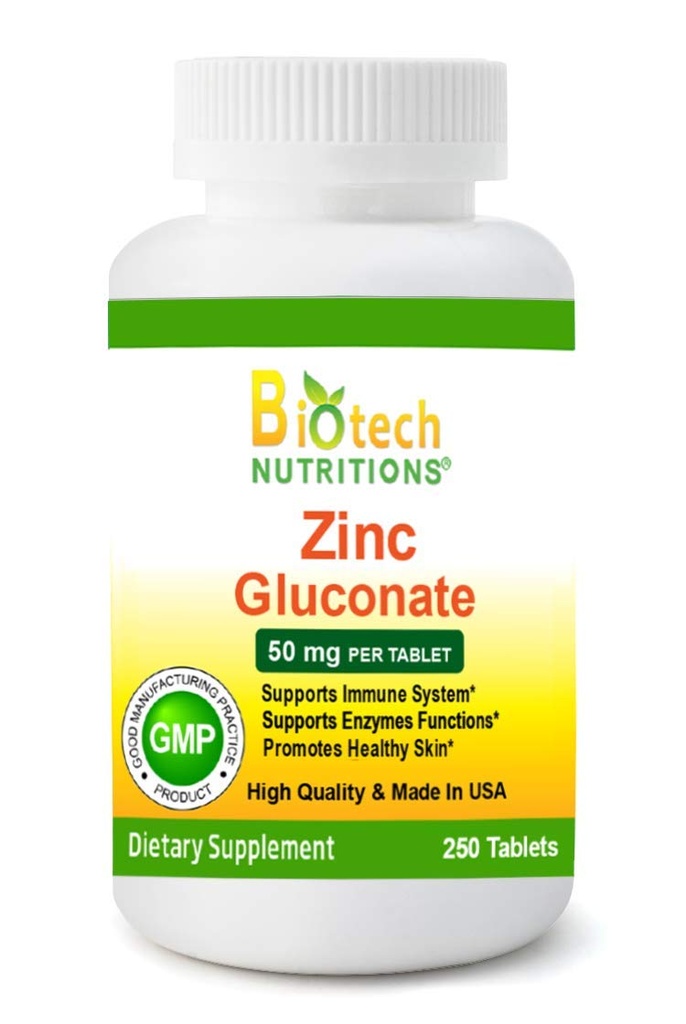 Zink Glukonat 50 mg 250 tabletter tillverkade i USA Vegetarian / Vegan Zink Glukonat