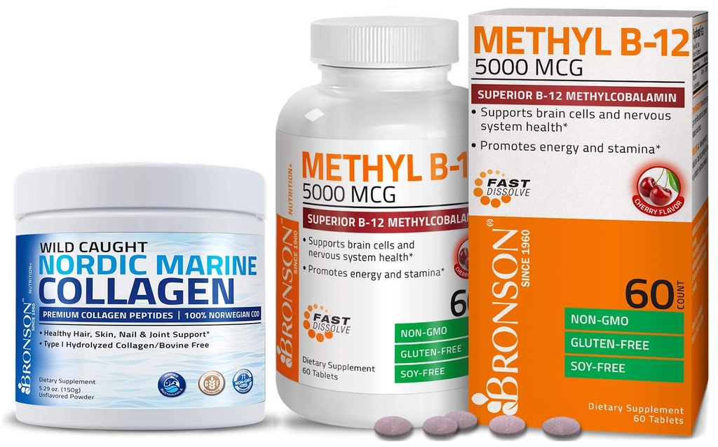 Bronson Marine Collagen Peptides Hydrolyzed proteinpulver + Methyl B12 5000 mcg Vitamin B12 Methylcobalamin