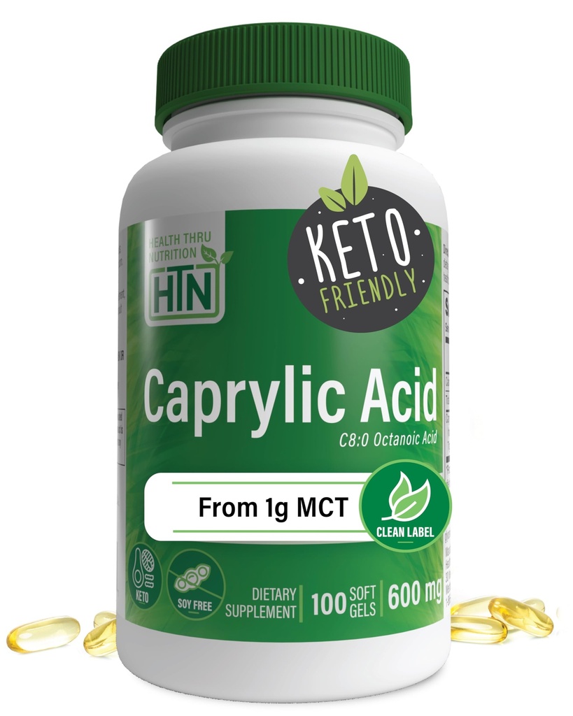 Health Thru Nutrition Caprylic Acid 600mg 100 Softgels | C8 Octanoic Acid från Pure 1g MCT Oil | Non-GMO & Soy Free | Stöd Hälsosam Digestive och Intestinal Health | Keto Friendly