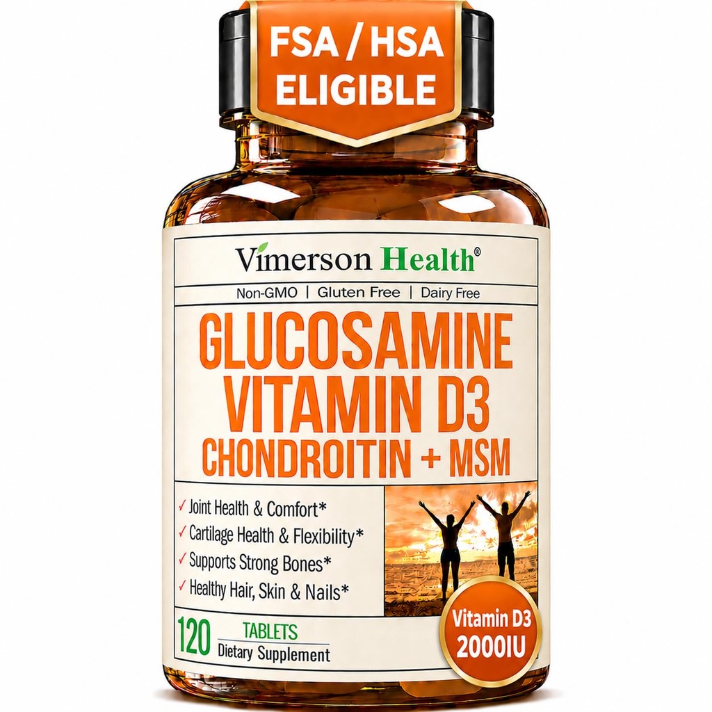Glukosamin Chondroitin med vitamin D3 2000IU - FSA Berättigade gemensamma kosttillskott för män och kvinnor - gemensam hälsa, hår hud naglar, benhälsa och komfort med MSM, Vit D, Bromelain & Boswellia - 120 flikar