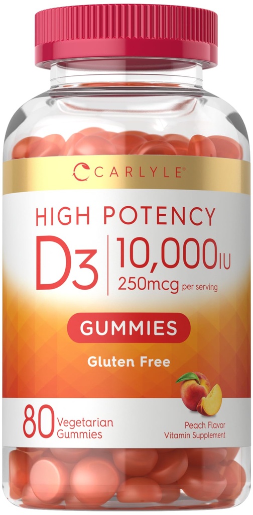 Carlyle Vitamin D3 10000iu Gummies för vuxna | 80 greve | Peach smaksatt gummy | Hög styrka för kvinnor och män | Vegetarisk, icke-GMO, Gluten fri tillägg