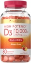 Carlyle Vitamin D3 10000iu Gummies för vuxna | 80 greve | Peach smaksatt gummy | Hög styrka för kvinnor och män | Vegetarisk, icke-GMO, Gluten fri tillägg