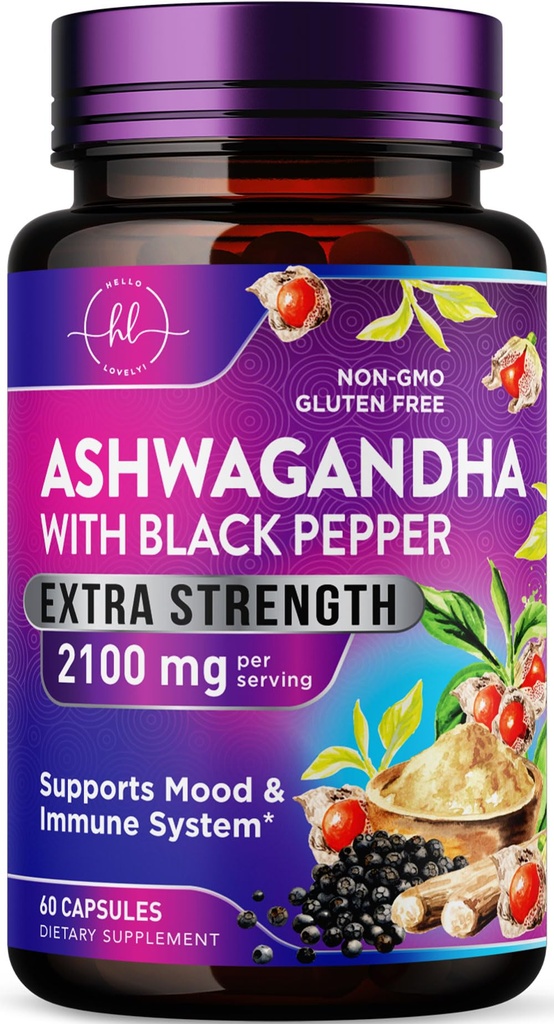 Ashwagandha 2,100 mg - Ashwagandha Supplements for Women in Veggie Capsules with Powder & Root Extract, Black Pepper for High Absorption, Plant Based, Non-GMO, Bottled in USA - 60 Veggie Capsules