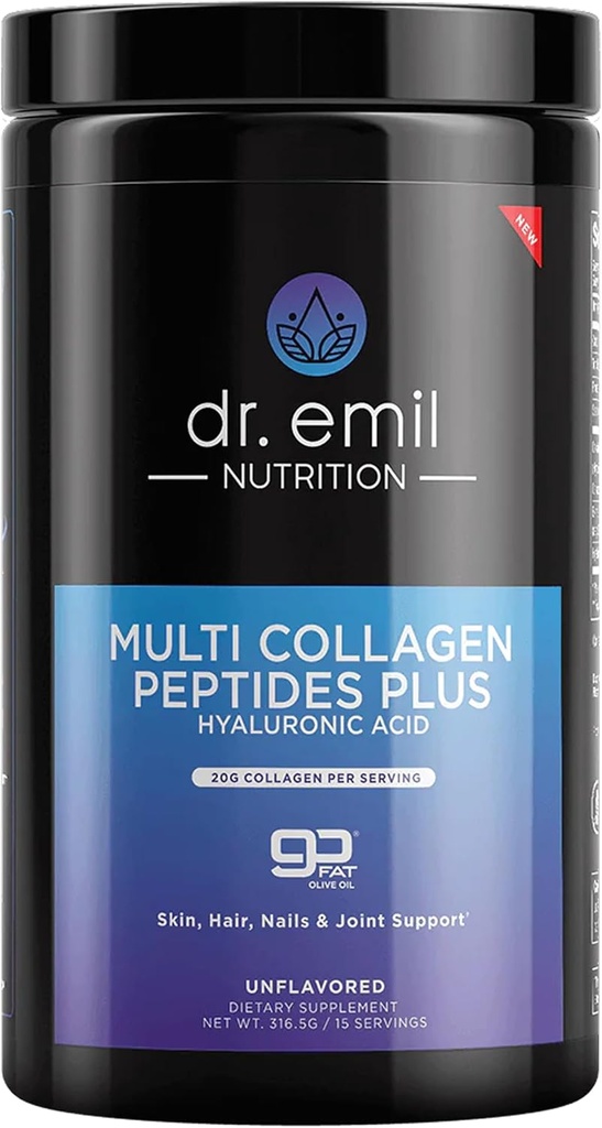 DR. EMIL NUTRITION Multi Collagen Peptides Powder - 20g av Unflavored Hydrolyzed Collagen Proteinpulver med Hyaluronsyra för hår, hud, naglar och gemensamma - 15 portioner