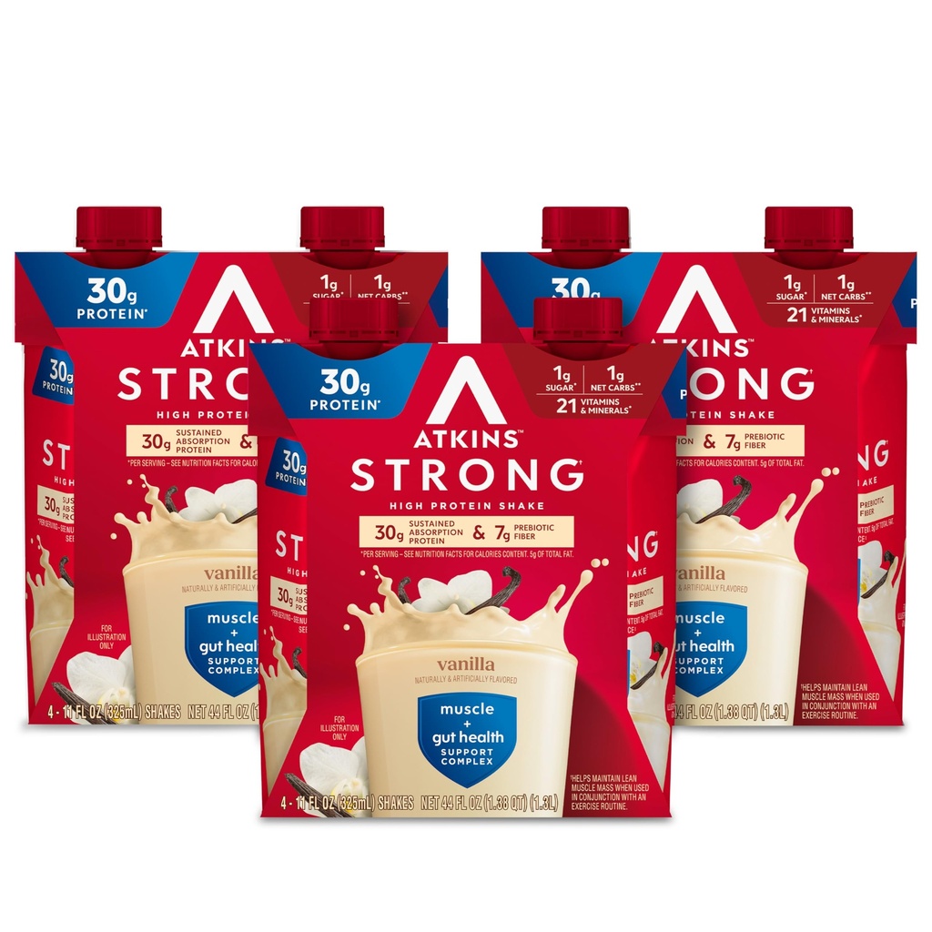 Atkins Strong High Protein Shake, Vanilla Flavored, 30g Protein, Low Carb och Low Sugar Shake, Keto Friendly, Gluten Free, Muscle and Gut Health Support Complex, 12 Count