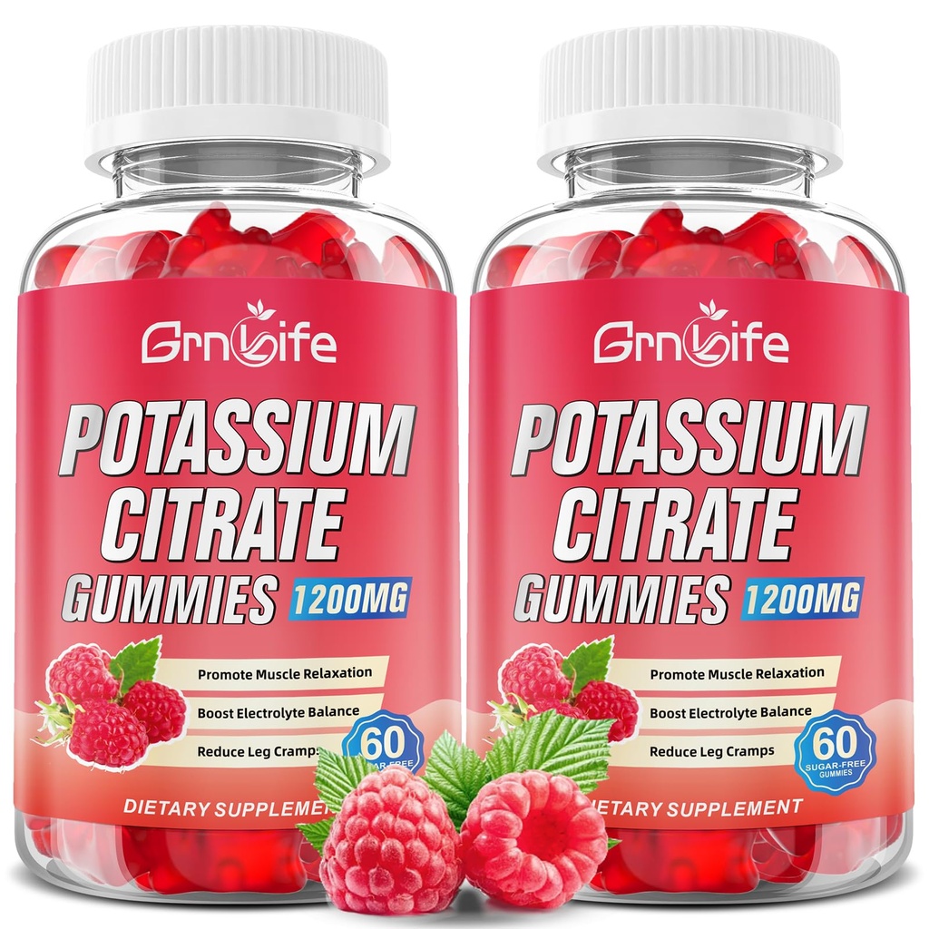 2 Pack Potassium Citrate Gummies, High Potassium Supplement Gummies 1200mg Support Leg Cramps & Muscle Health, Kalium Gummies för vuxna och barn, Vegan, Raspberry Flavor 120 Count