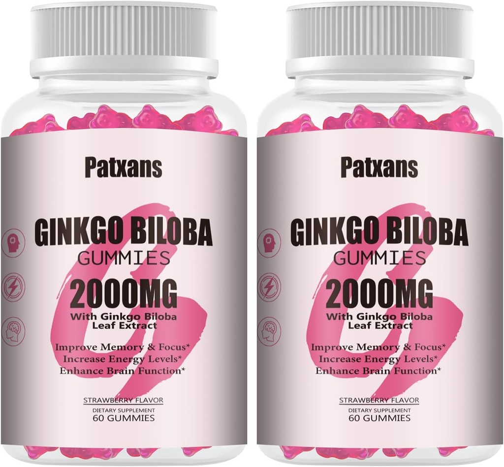 2 Packs 2000mg Ginkgo Biloba Gummies - Ginkgo Biloba Supplements for Brain Health Support, Förbättra humör och fokus, energi, vuxen, jordgubbsmak, 120 greve