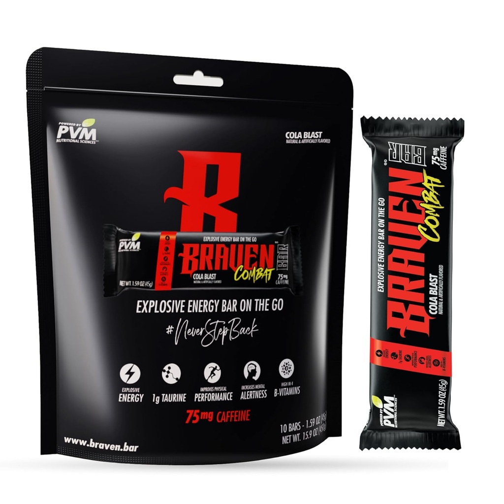 Braven Combat Cola Blast Energy Bars med koffein (1,59 oz, Pack of 10) - On-The-Go Energy Bars med 75mg koffein - Glutenfri energi Snacks - Alternativ till energi Chews med koffein