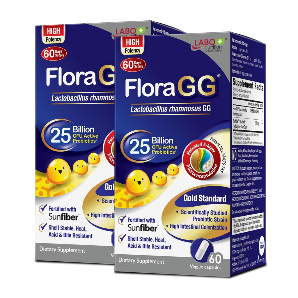 LABO Nutrition FloraGG, Lactobacillus Rhamnosus GG 25 miljarder CFU Active Probiotics & Sunfiber Prebiotic Fiber Supplement, Support Healthy Intestinal, Immune Health Delayed Release & Gluten Free 60sx2