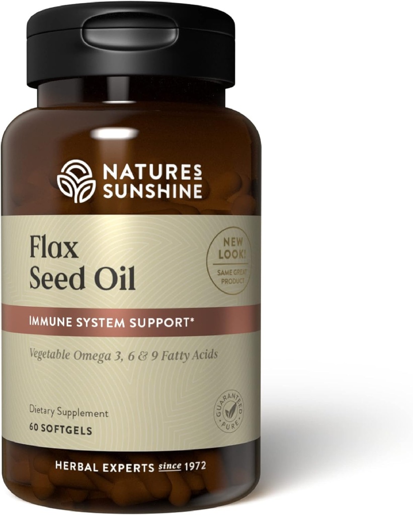 Naturens Sunshine Flax Seed Oil, 60 Softgels | Utmärkt källa till hjärt-hälsosamma fettsyror, innehåller lignans som hjälper till att öka immuniteten och stödja bröst- och prostatahälsa