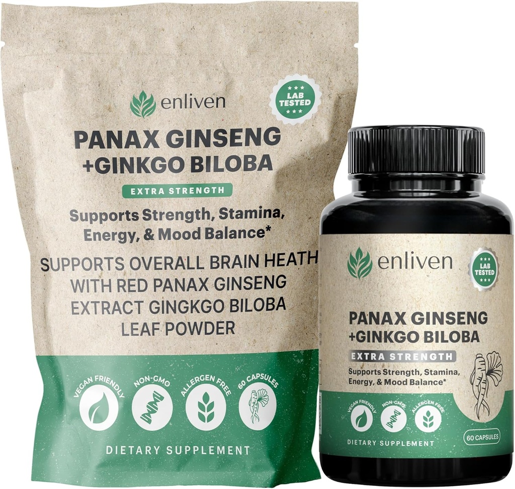 Panax Ginseng & Ginkgo Biloba Supplement for Energy, Focus & Brain Health | Koreanska Röda Ginseng-kapslar för minne, stressavlastning och cirkulation | Naturligt kognitivt stöd | 60 greve | Made in USA