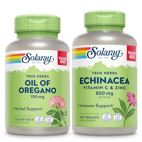 SOLARAY Oil of Oregano Softgels and Echinacea, VIT C & Zink Immune Support Supplement - Oregano Oil and Echinacea Capsules w/Vitamin C 500mg Plus Bioflavonoids, Vegan, 60-Day garanti, 120ct/180ct