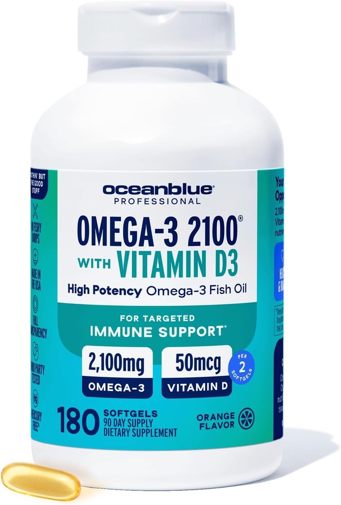 Oceanblue Professional Fish Oil med vitamin D3 | Triple Strength 2100mg Omega 3 DPA EPA DHA | Vild fångad | Burpless Orange smak, 90 portioner (180 greve)