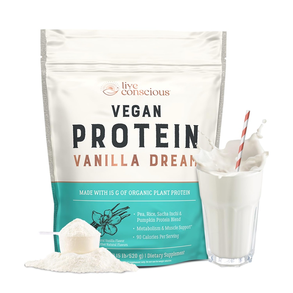 Live Conscious Vegan Pea Protein Powder - Vanilla Dream Flavor | Plant-Based Vegan Protein Blend - Pea, Brown Rice, Pumpkin, Sacha Inchi | 20 portioner 18 oz