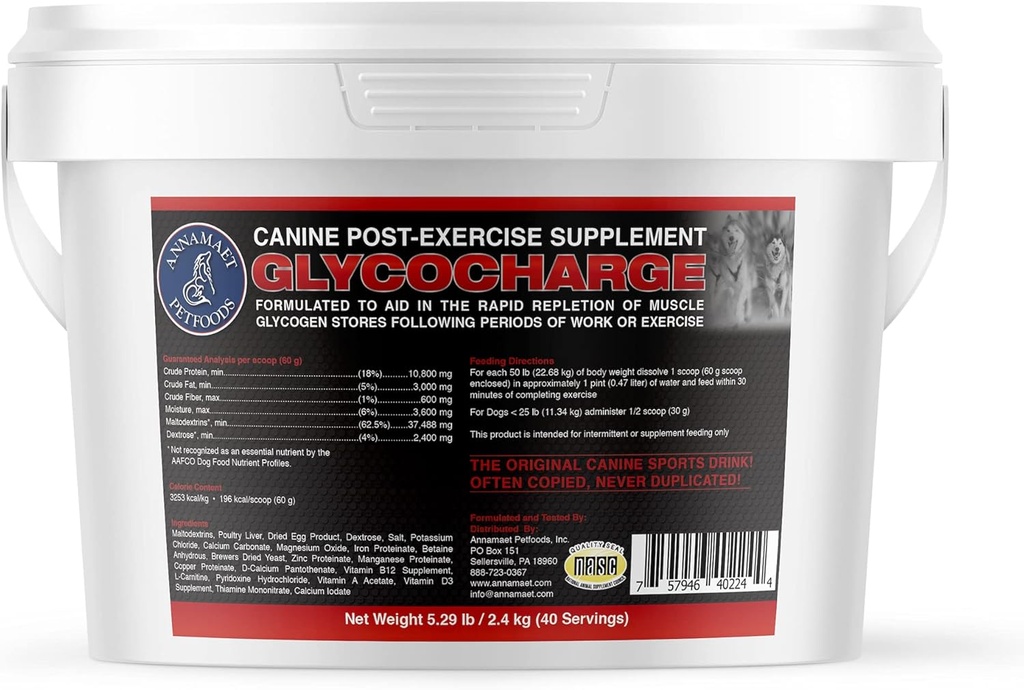 Annamaet Glycocharge – Post-Exercise Supplement for Canine Athletes and Working Dogs – med Maltodextrins för att hjälpa till att ersätta muskelglykogen för snabbare återhämtning – 2,4 kg