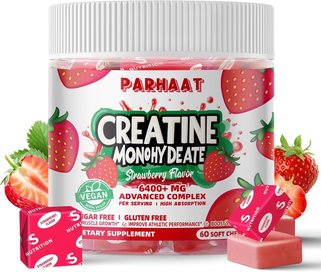 Kreatin Monohydrat Chews Komplex 6400mg för Män & Kvinnor - Avancerad Formel W/L-Taurin + Vitamin B12, Sugar Free Chewable Supplement,60 Strawberry Softchews