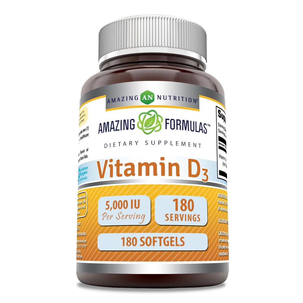 Fantastiska formler Vitamin D3 (Cholecalciferol) Supplement | 5000 IE per portion | 180 Softgels | Non-GMO | Gluten-Free | Made in USA
