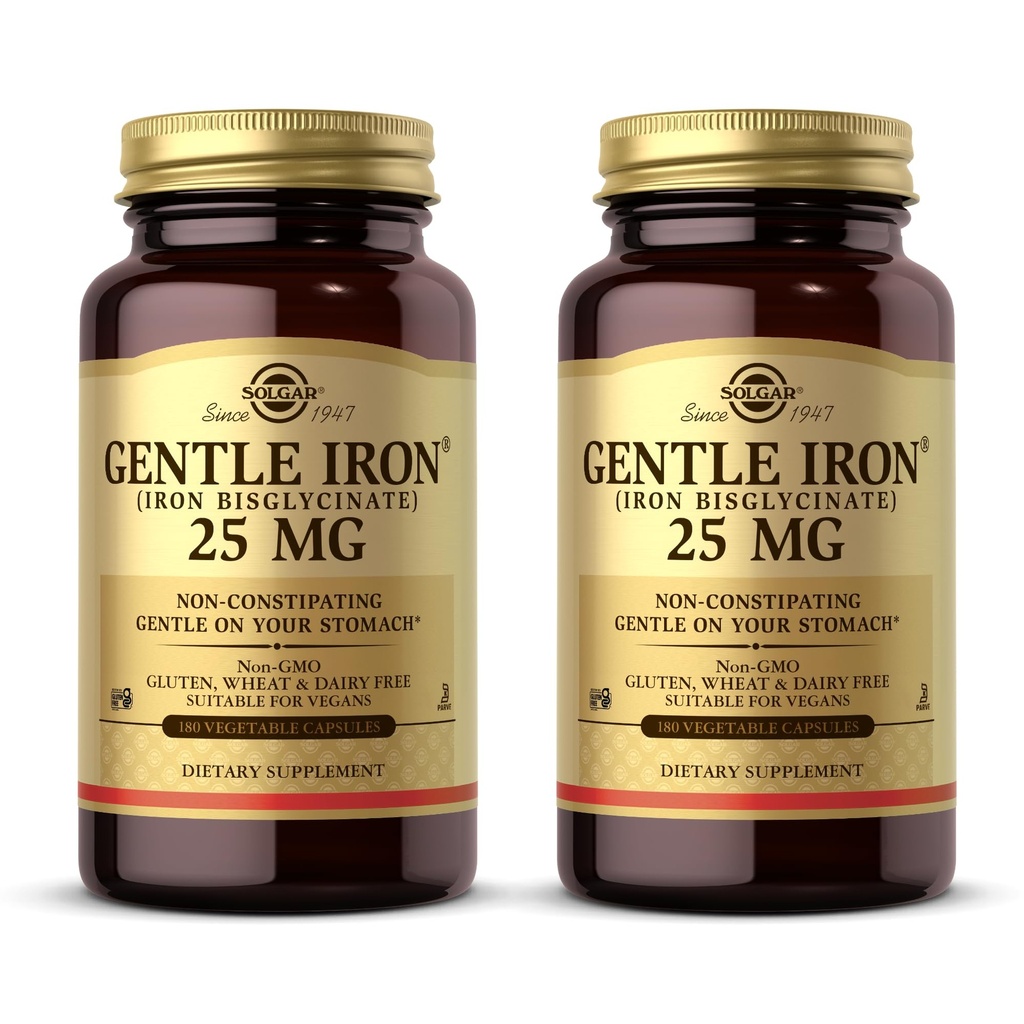 Solgar Gentle Iron (Iron Bisglycinate) 25 mg - 180 Vegetabiliska kapslar, Pack of 2 - Icke-konstiperande, Gentle på magen - Icke-GMO, Gluten Free - 360 Totalt portioner