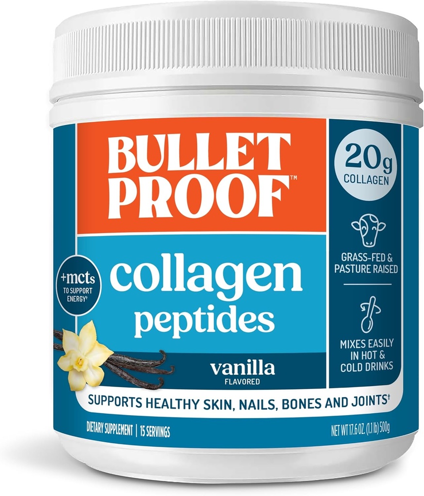 Bulletproof Vanilla Collagen Peptides Powder med MCT Oil, 14.3 Ounces, Grass-Fed Collagen Protein för hud, ben och gemensamt stöd, Pasture Raised, No Added Hormones, Packaging May Vary