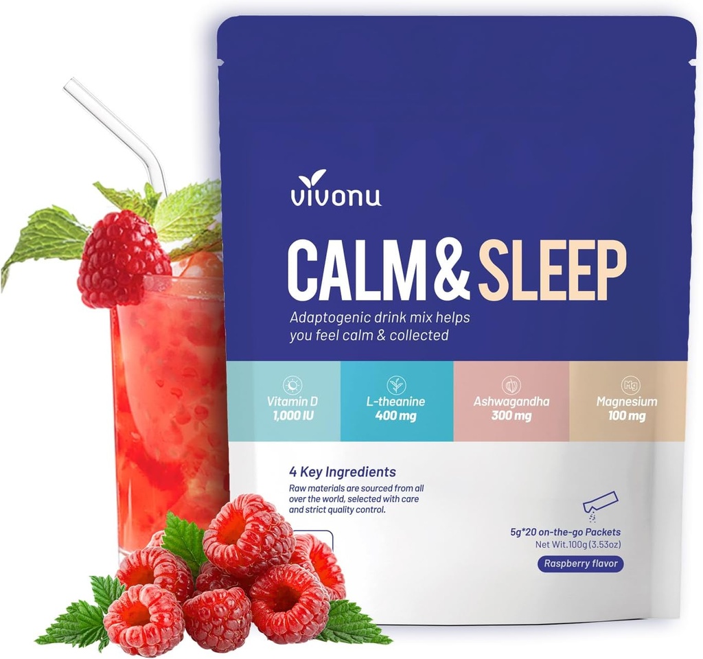 VivoNu Calm & Sleep Powdered Drink Mix Raspberry L Theanine Ksm-66 Ashwagandha Magnesium Glycinate Vitamin D 3 Tillskott för avkoppling och fokus (VSC M2)