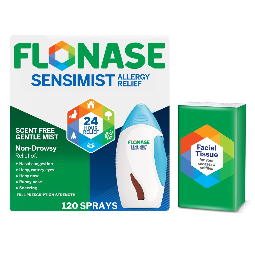 Flonase Sensimist Allergy Relief Nasal Spray - Non-Drowsy 24HR Långvarig allergilindring med Fin, Scent-Free Mist - 120 Sprays Plus Bonuspaket med Tissues