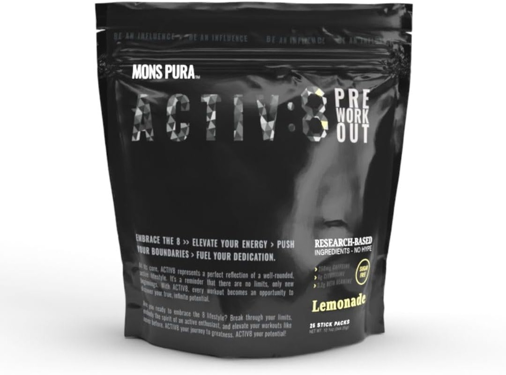 Aktiv8 Pre-Workout Lemonade Pouch: Energiera träning med forskningsbaserade ingredienser - 250mg koffein, sockerfri 25 Stick Pack
