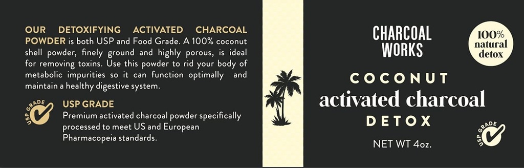 Kokosaktiverad kolpulver av CHARCOAL WORKS | USP Food Grade Charcoal Drink | Detox | High Adsorptive Capacity | Fast Acting | Half Pint 4oz