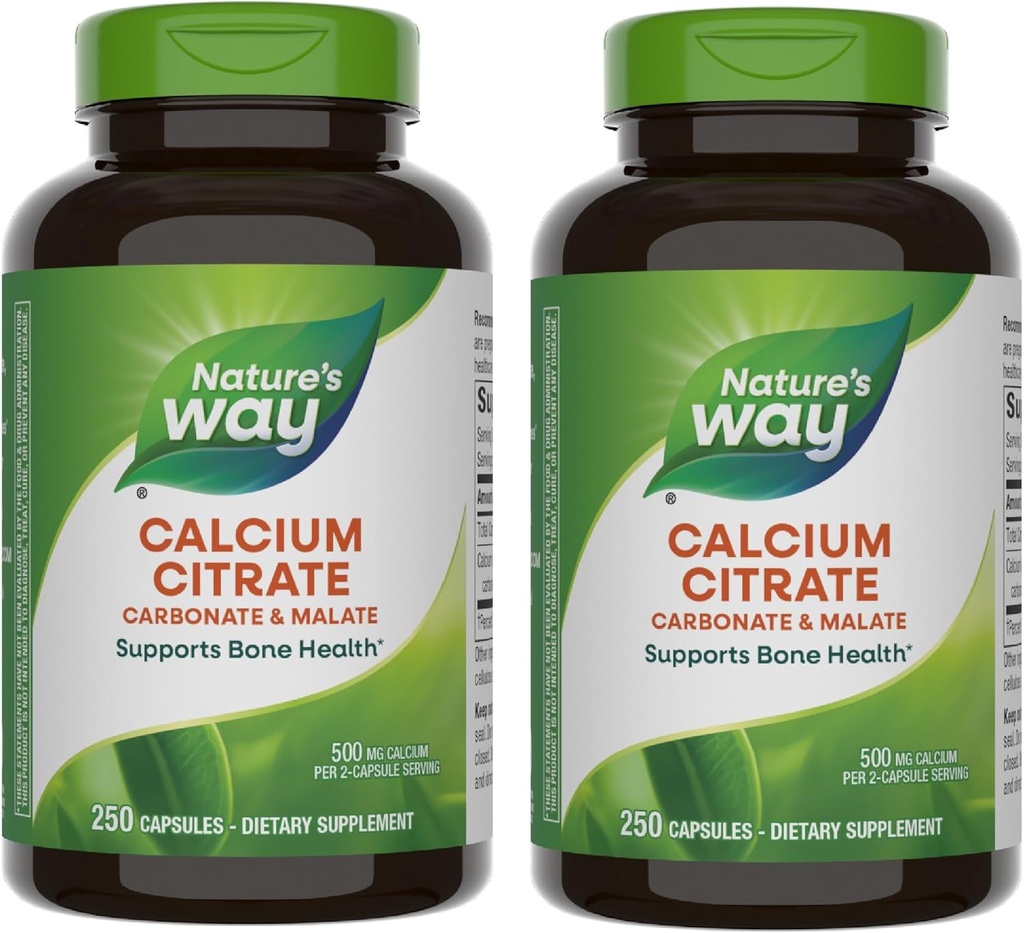 Naturens Way Calcium Citrate, 500 mg Calcium per 2-Capsule Servering, för Bone Health & Muscle Function *, Blend of Citrate, Carbonate & Malate, Gluten Free, 250 kapslar (Packaging May Vary) - 2 Pack